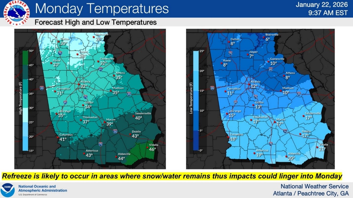 Forecast High/Low temperatures for Monday 1.26