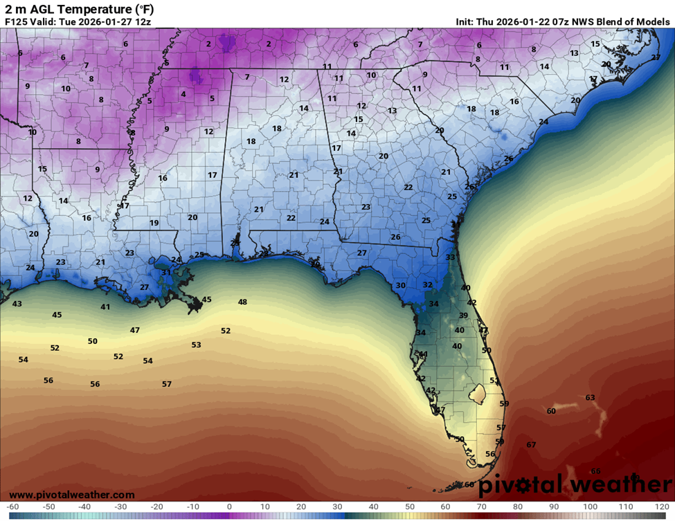 NWS Model Blend temperatures for Tues 1.27