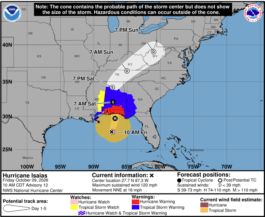 NHC Hurricane Isaias Forecast Cone Advisory 12