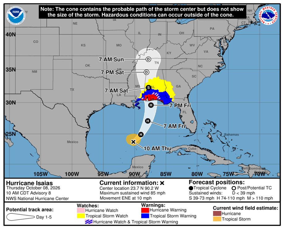 NHC/NWS Hurricane Isaias Forecast Cone