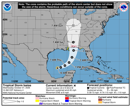 NHC Tropical Storm Isaias Forecast Cone