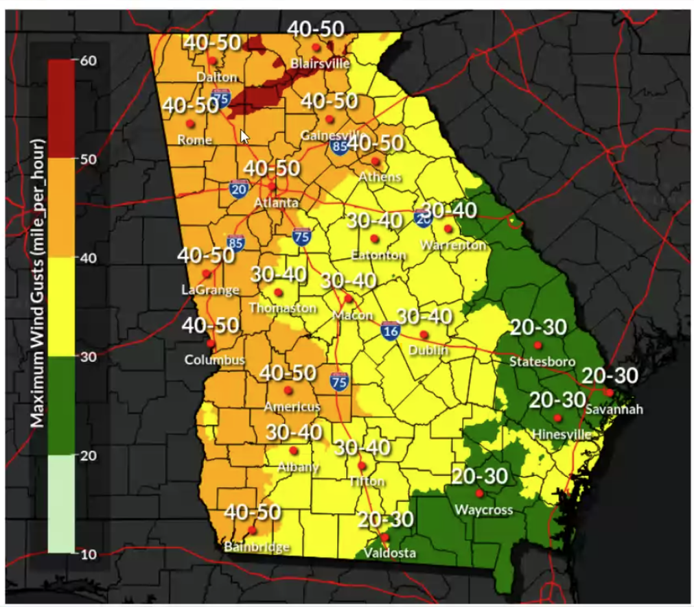 Peak Wind Gust Forecast Saturday
